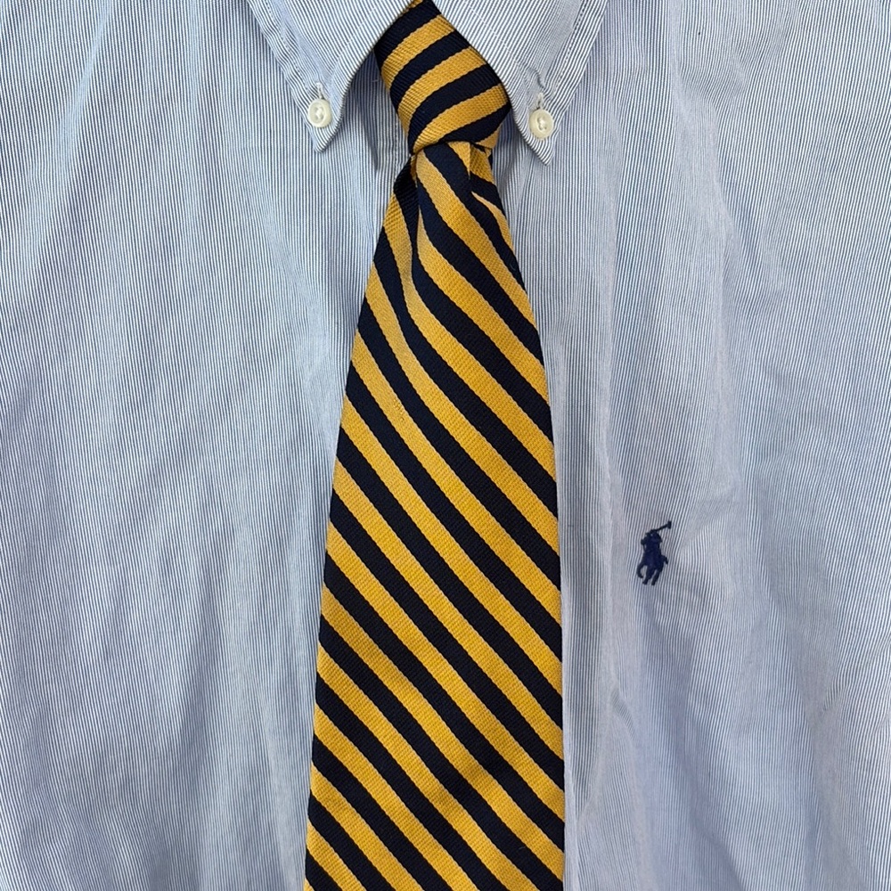 Brooks Brothers 100% silk Gold/Yellow and Blue Striped Tie made in USA